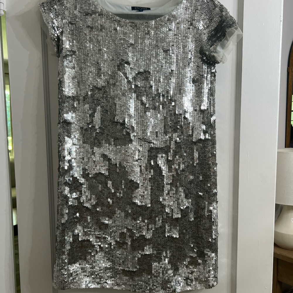 Gryphon New York silver sequined mesh accent mini dress size small